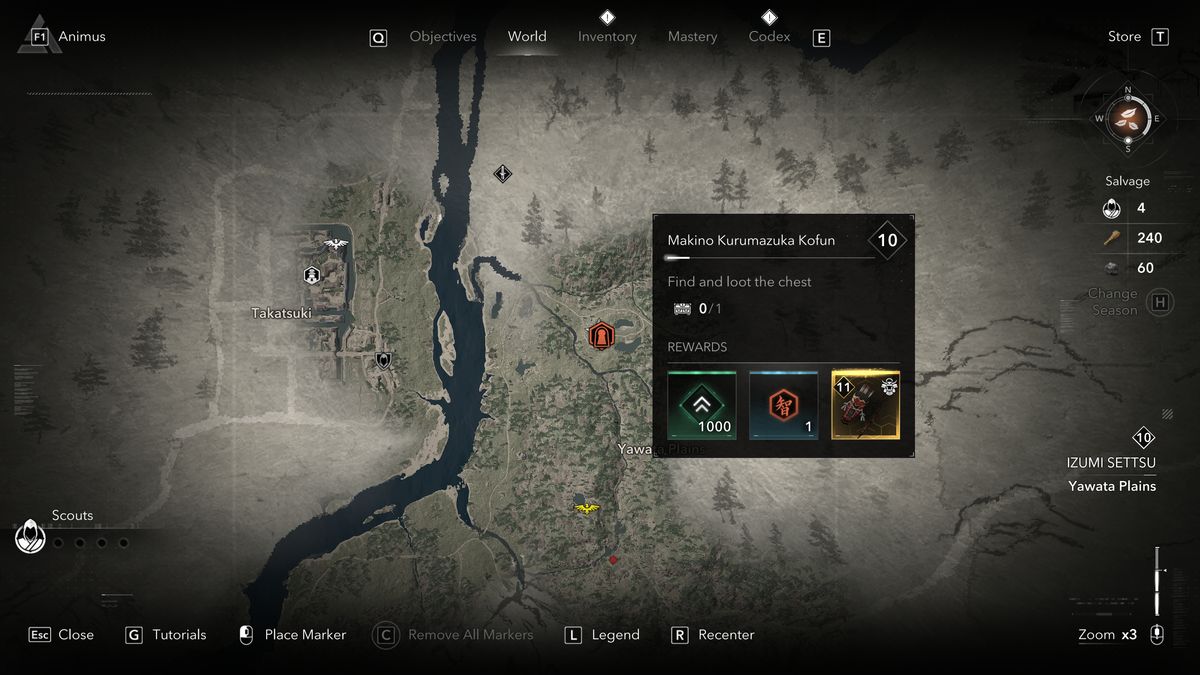 Assassin's Creed Shadows Makino Kurumazuka Kofun - A map showing the location of the kofun in Izumi Settsu.