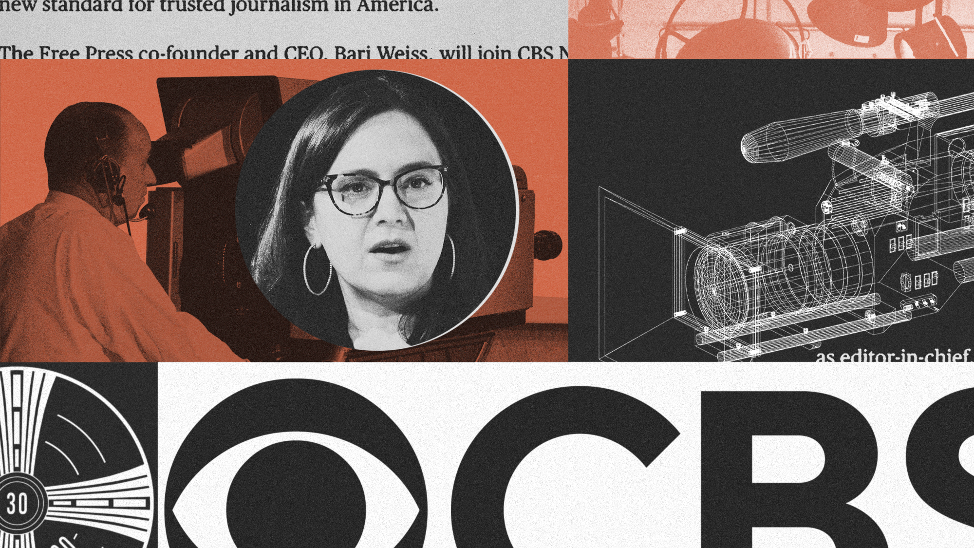 Photo composite illustration of Bari Weiss, television cameras and the CBS News logo