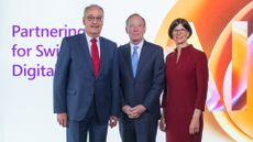 Federal Councillor Guy Parmelin, Microsoft Vice Chair and President Brad Smith, and Microsoft Switzerland CEO Catrin Hinkel at an announcement of the investment in cloud and AI infrastructure in Bern, June 2, 2025.