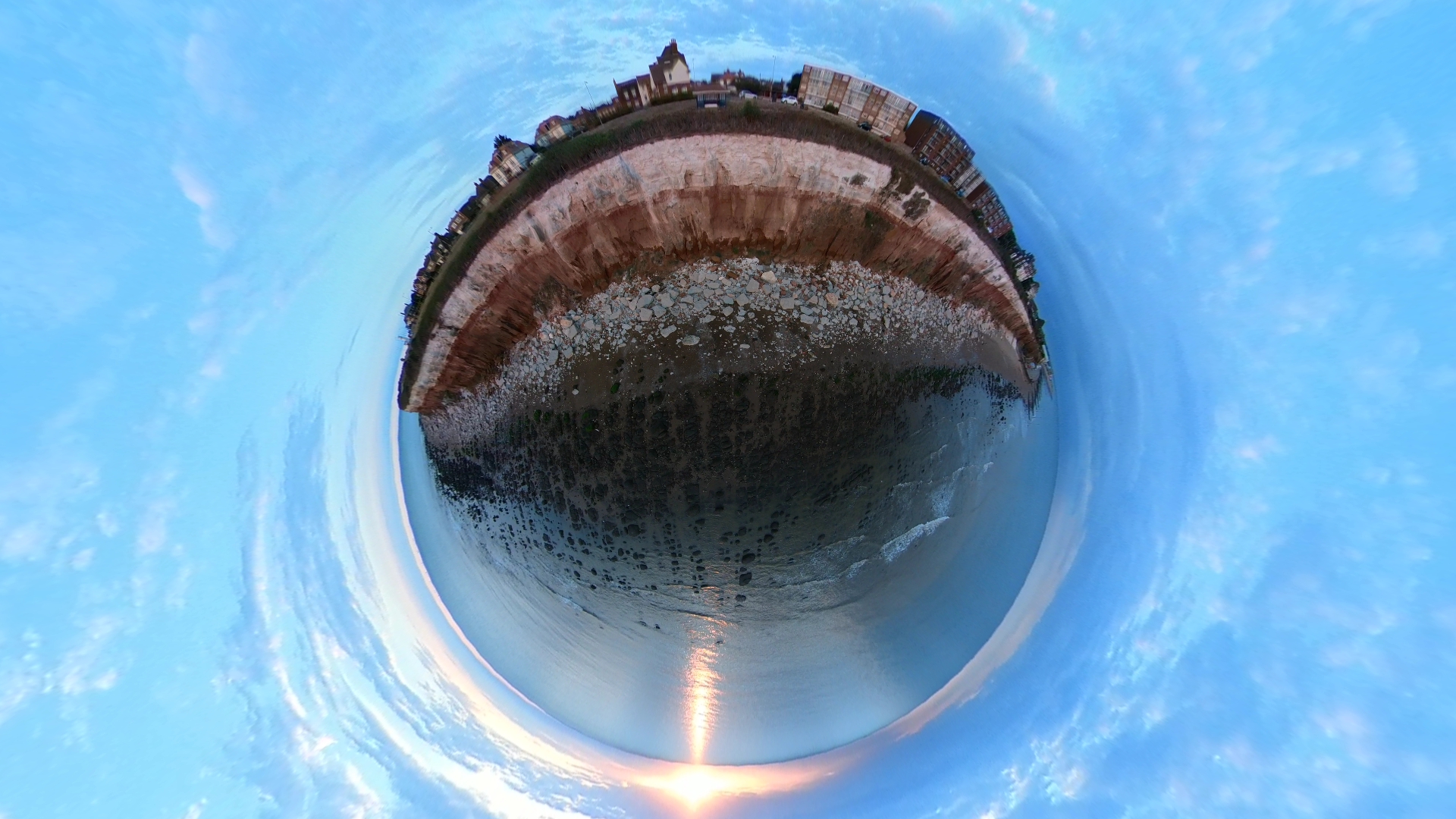 Insta360 Sphere video grab. 360 image of a coastline.