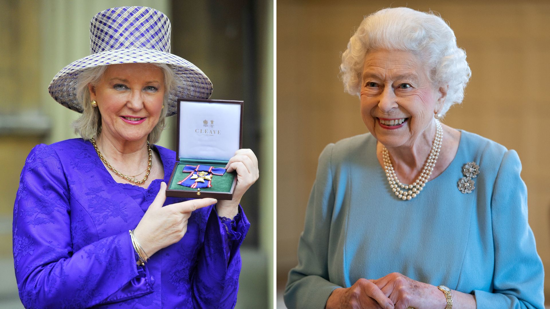 A comp image showing Angela Kelly receiving the Royal Victoria Order on the left, and Queen Elizabeth II on the right