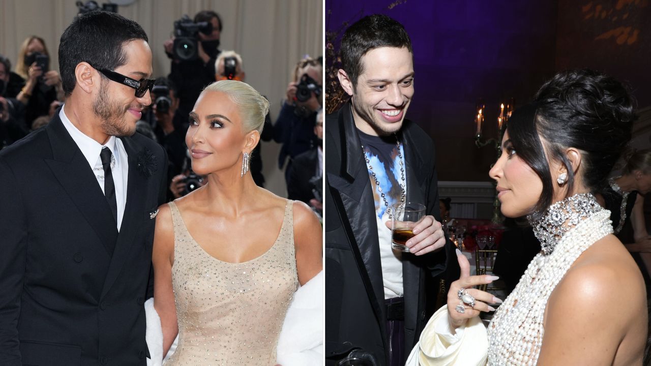 Kim Kardashian wears Marilyn Monroe&#039;s naked dress at the Met Gala alongside boyfriend Pete Davidson, and the pair speak inside an event