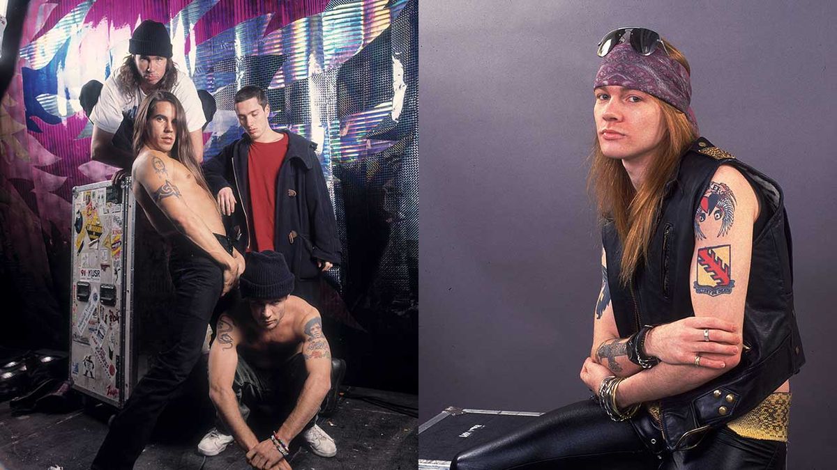 Portrait of the Red Hot Chili Peppers, clockwise from upper left, Chad Smith, John Frusciante, Flea, and Anthony Kiedis at the Aragon Ballroom in Chicago, Illinois, December 6, 1991 and Axl Rose of Guns and Roses on 12/19/87 in Chicago