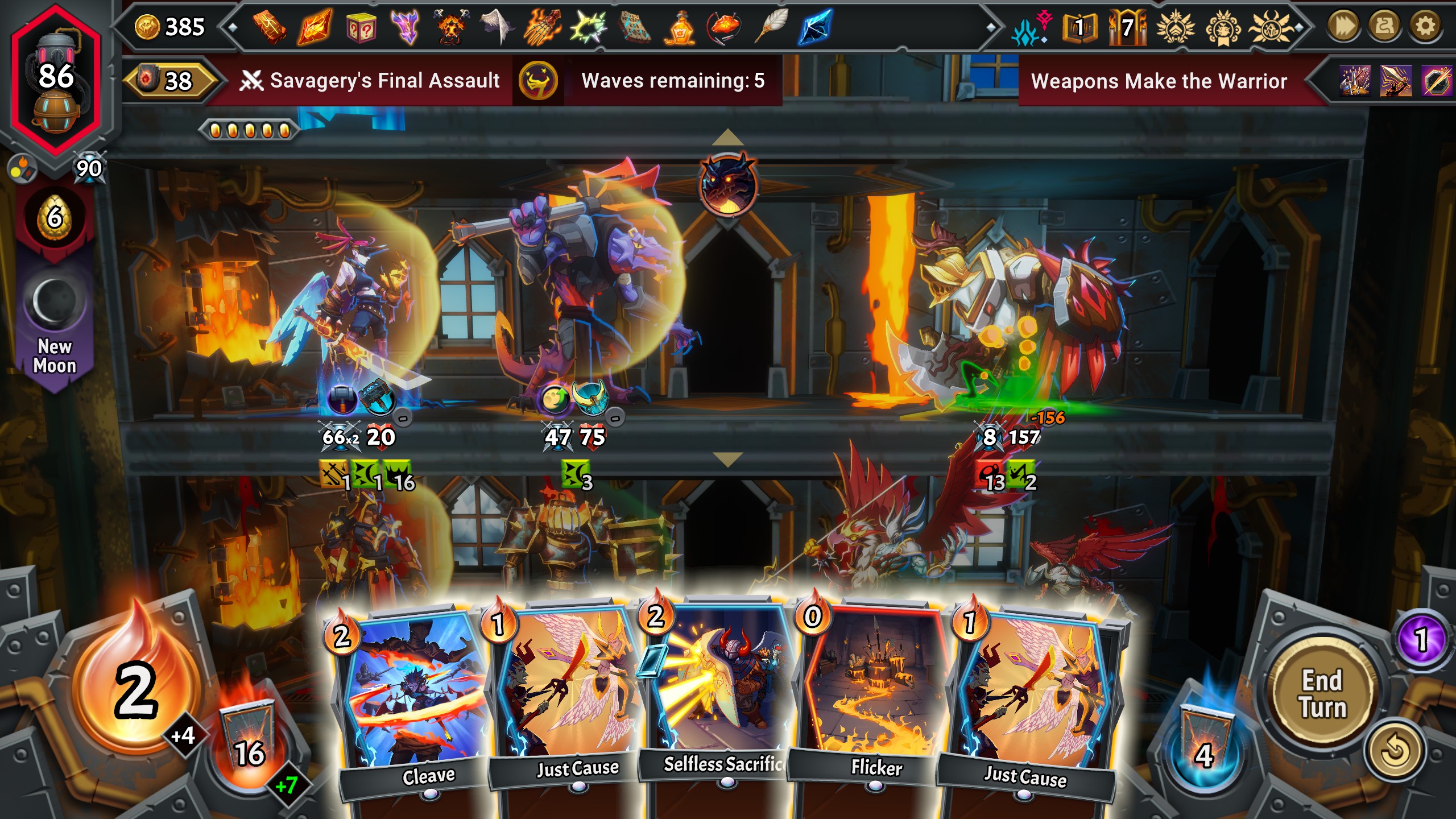 Two units face down a strong enemy with boosted damage in Monster Train 2
