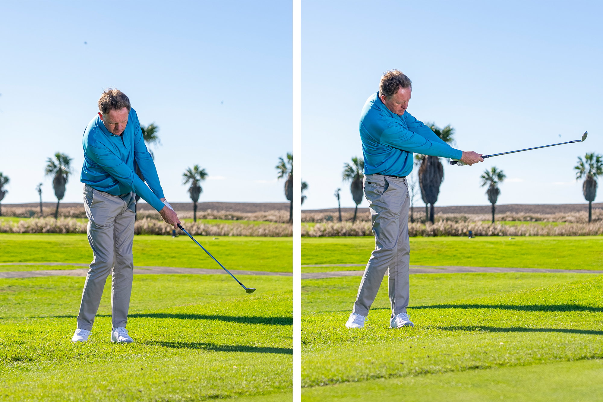 Keith Wood side-by-side showing the club just past impact and in the half release for the half pitch shot