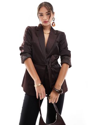 Asos Design Satin Tie Waist Blazer in Chocolate