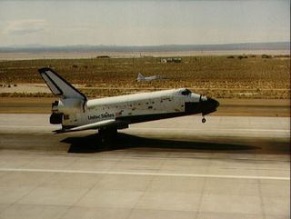 NASA's space shuttle Columbia lands on July 4, 1982 at the end of the STS-4 mission, which touched down at California's Edwards Air Force Base after a seven-day mission.
