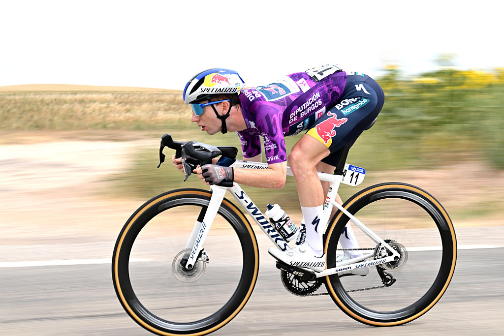 BUNIEL, SPAIN - AUGUST 06: Roger Adria of Spain and Team Red Bull - BORA - hansgrohe - Purple Leader Jersey competes during the 47th Vuelta a Burgos 2025, Stage 2 a 161.6km stage from Cilleruelo de Abajo to Buniel on August 06, 2025 in Buniel , Spain. (Photo by Antonio Baixauli/Getty Images)