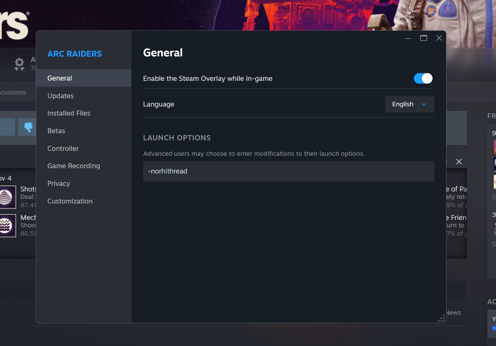 Arc Raiders properties screen on Steam showing the -norhithread audio glitch fix