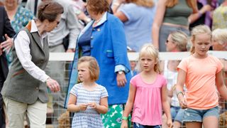Princess Anne, Princess Royal and granddaughters Mia Tindall, Isla Phillips and Savannah Phillips attend day 2 of the 2019 Festival of British Eventing