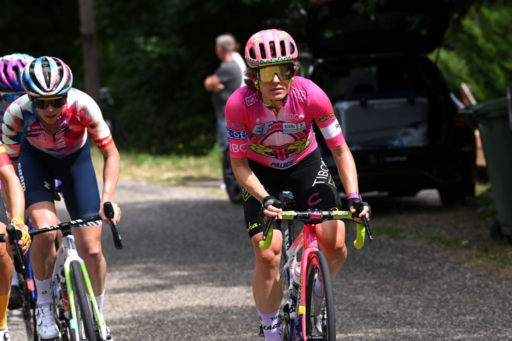 ROSHEIM FRANCE JULY 29 Kathrin Hammes of Germany and Team EF Education Tibco Svb competes in the breakaway during the 1st Tour de France Femmes 2022 Stage 6 a 1286km stage from SaintDidesVosges to Rosheim TDFF UCIWWT on July 29 2022 in Rosheim France Photo by Dario BelingheriGetty Images