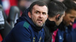 SOUTHAMPTON, ENGLAND - FEBRUARY 11: Nathan Jones, Manager of Southampton, reacts prior to the Premier League match between Southampton FC and Wolverhampton Wanderers at Friends Provident St. Mary's Stadium on February 11, 2023 in Southampton, England. (Photo by Dan Mullan/Getty Images)