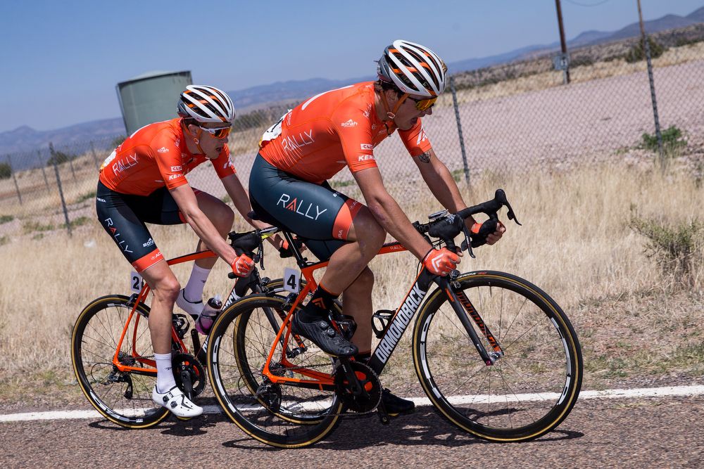 Adam De Vos (Rally Cycling) leads teammate Robert Britton (Rally Cycling) on stage 1 of the Tour of The Gila on April 18, 2018 in Silver City, New Mexico.