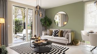Netural living room with a green wall and and black and white rug