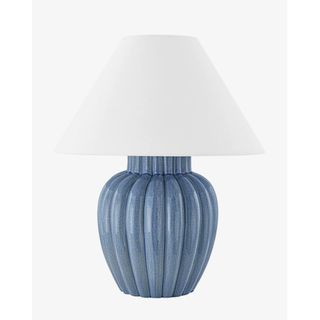 blue table lamp with white shade