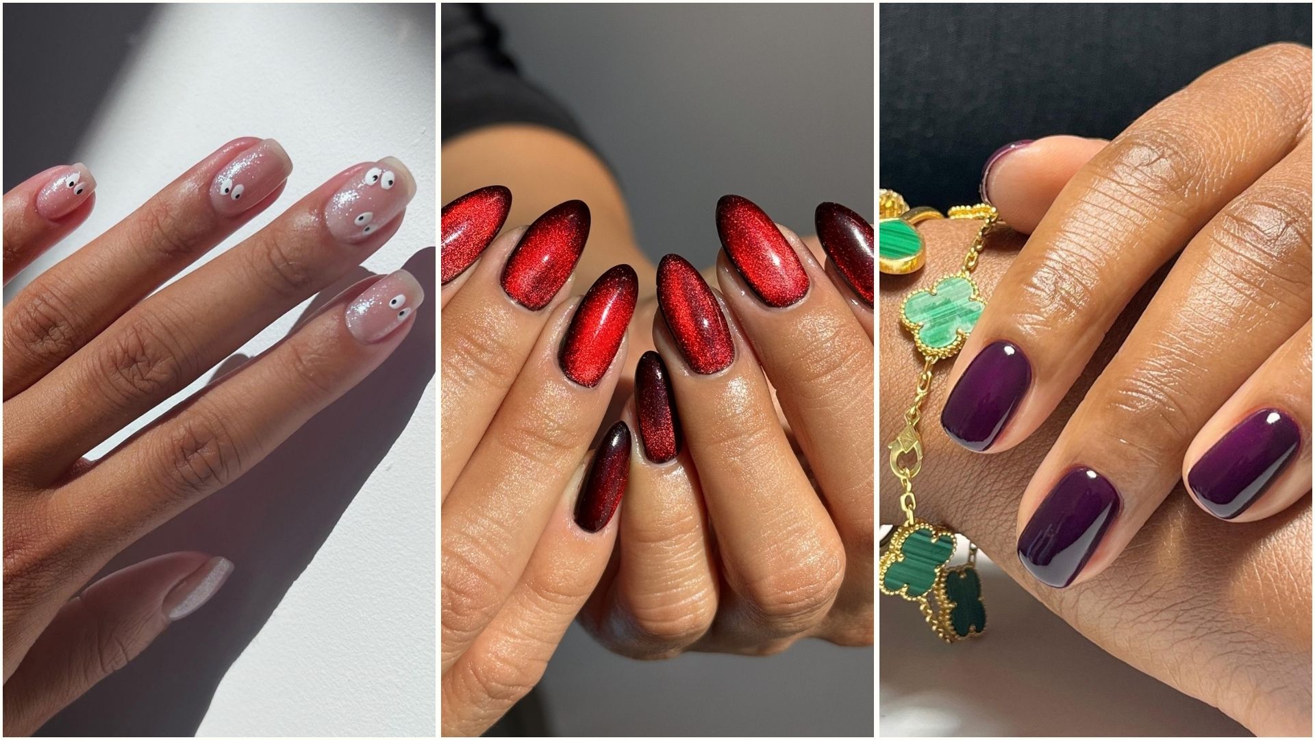 A collage with three Halloween manicures, including spooky eye nail art, red cat eye nails and a dark purple manicure