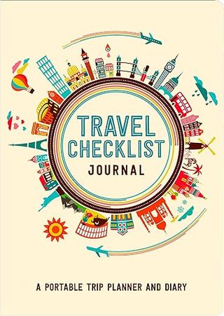 The cover of the Travel Checklist Journal featuring landmarks like the Taj Mahal and Grauman's Chinese Theater