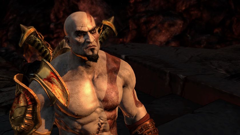 A close up of Kratos in God of War III