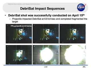 This image shows the destruction of DebriSat during its test.