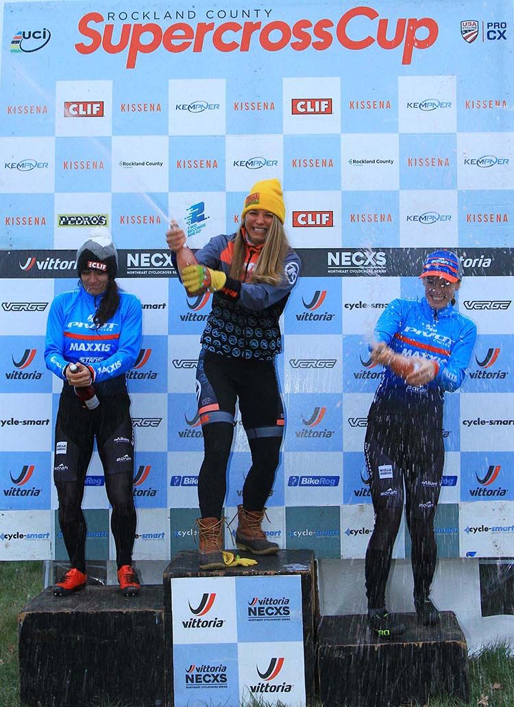 The final women&rsquo;s podium for day 2 of the elite women's 2019 Supercross Cup: Second-placed Courtenay McFadden (Pivot-Maxxis p/b Stans No Tubes), winner Rebecca Fahringer (Kona Maxxis Shimano), third-placed Ruby West (Pivot-Maxxis p/b Stans No Tubes)