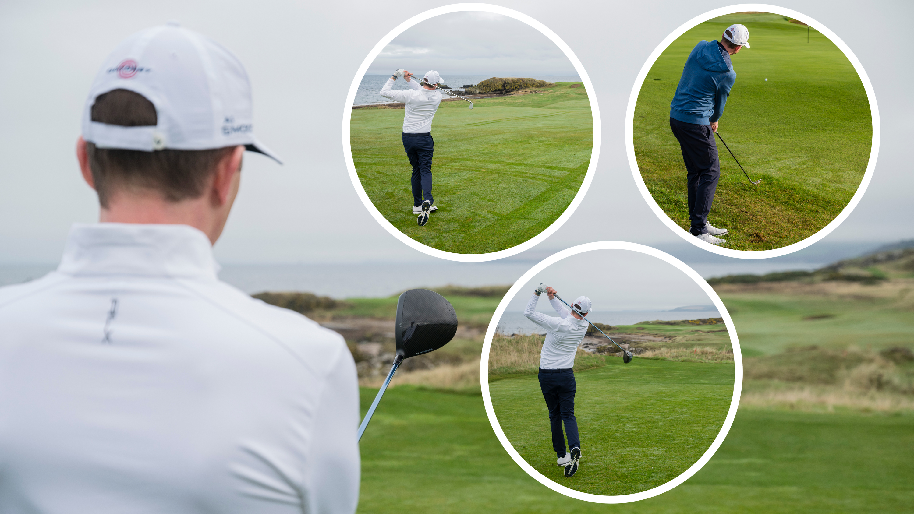 Over the shoulder image of Ben Emerson looking down the fairway at Trump Turnberry from the tee, with three inset images of Ben Emerson hitting a driver, an iron and wedge around the green