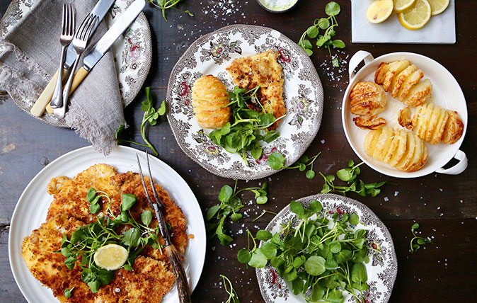 Pheasant Milanese with Parmesan spiral potatoes