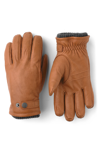 Hestra tan leather gloves with wool trim