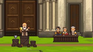 A victorious ale-brewing monk stands on a podium wielding a trophy in front of his monastery, while a panel of three judges sits to the right