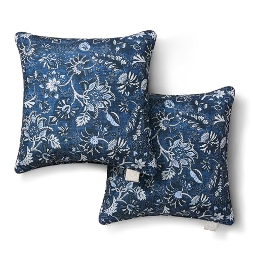 Martha Stewart Distressed Jacobean Indoor Outdoor Decorative Pillow 2-Pack Set, Uv Fade Resistant, Water Repellent, Printed Floral Design, 18"x18", Navy Blue