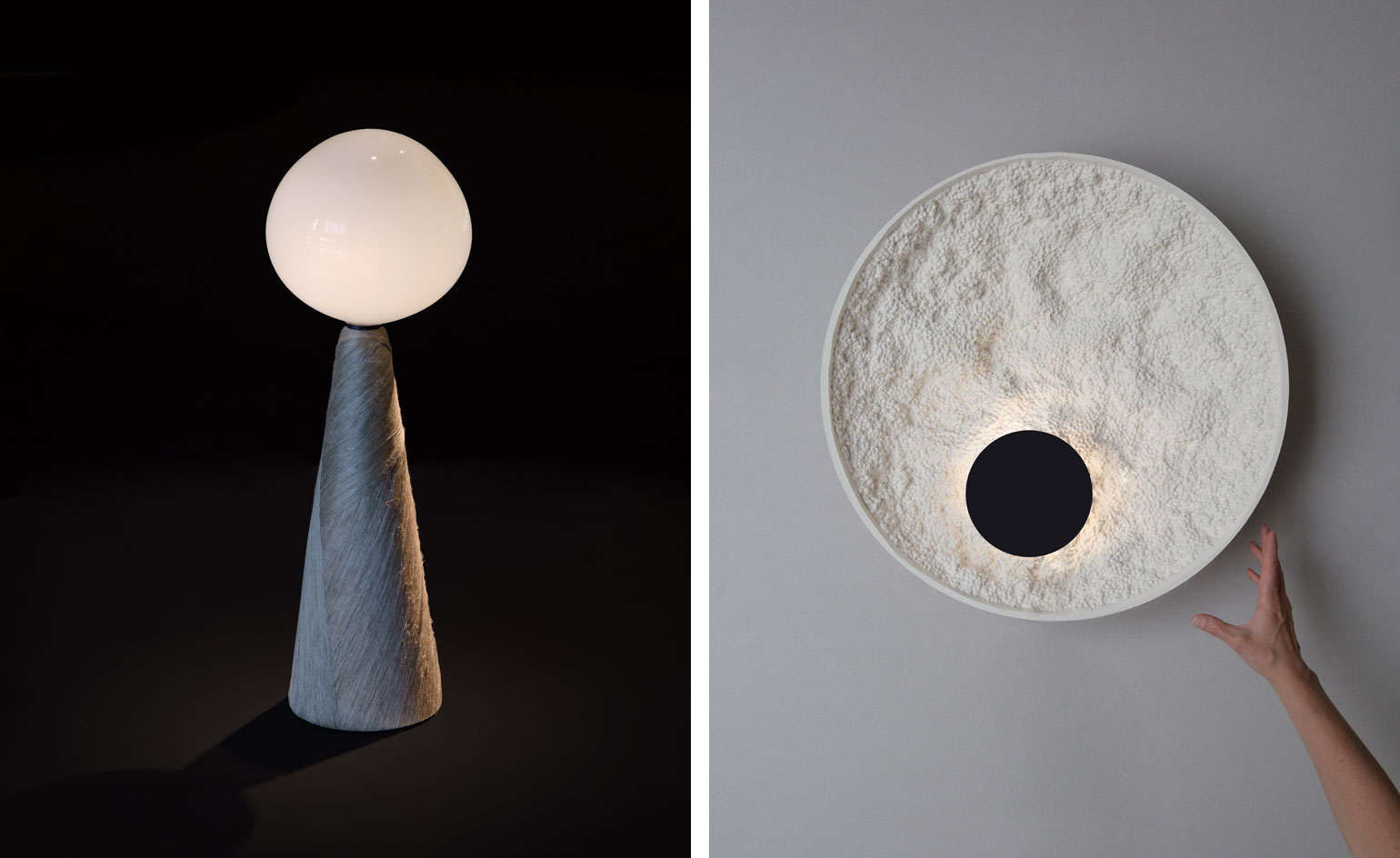 On the image to the left, we see a lamp that's a cone-like shape, in gray, with a round bulb at the top. On the image to the right, we see a circular wall decoration that looks like a stone, in white, with a black circle on it, behind which light comes through.