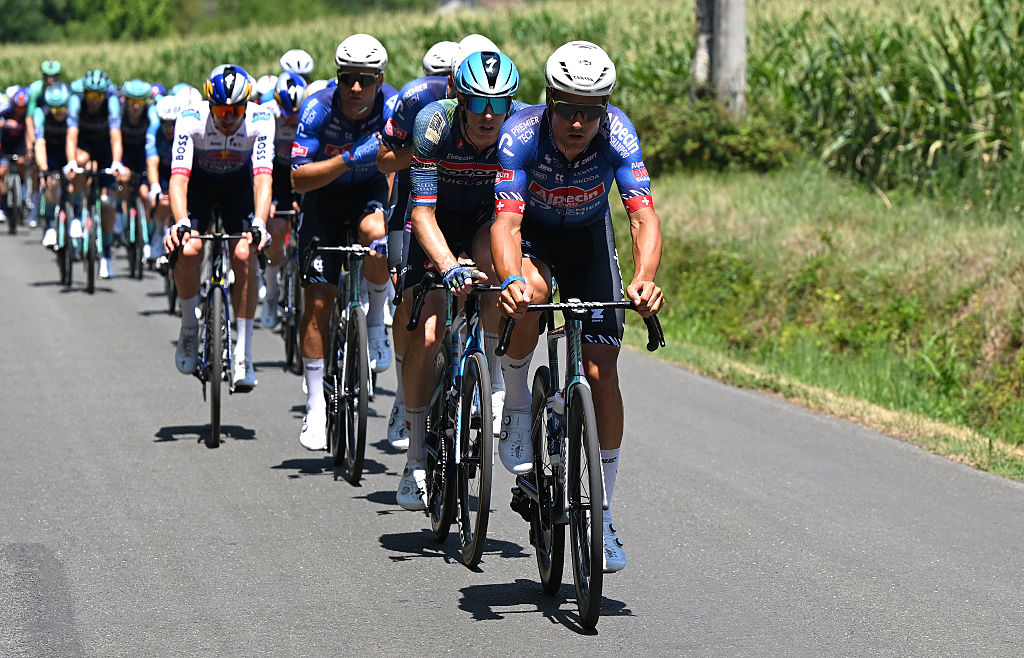 BERGERAC, FRANCE - JULY 11: (L-R) Pascal Eenkhoorn of Netherlands and Team Soudal Quick-Step and Silvan Dillier of Switzerland and Team Alpecin-Premier Tech compete during the 113th Tour de France 2026, Stage 8 a 180.4km stage from Perigueux to Bergerac / #UCIWT / on July 11, 2026 in Bergerac, France. (Photo by Dario Belingheri/Getty Images)