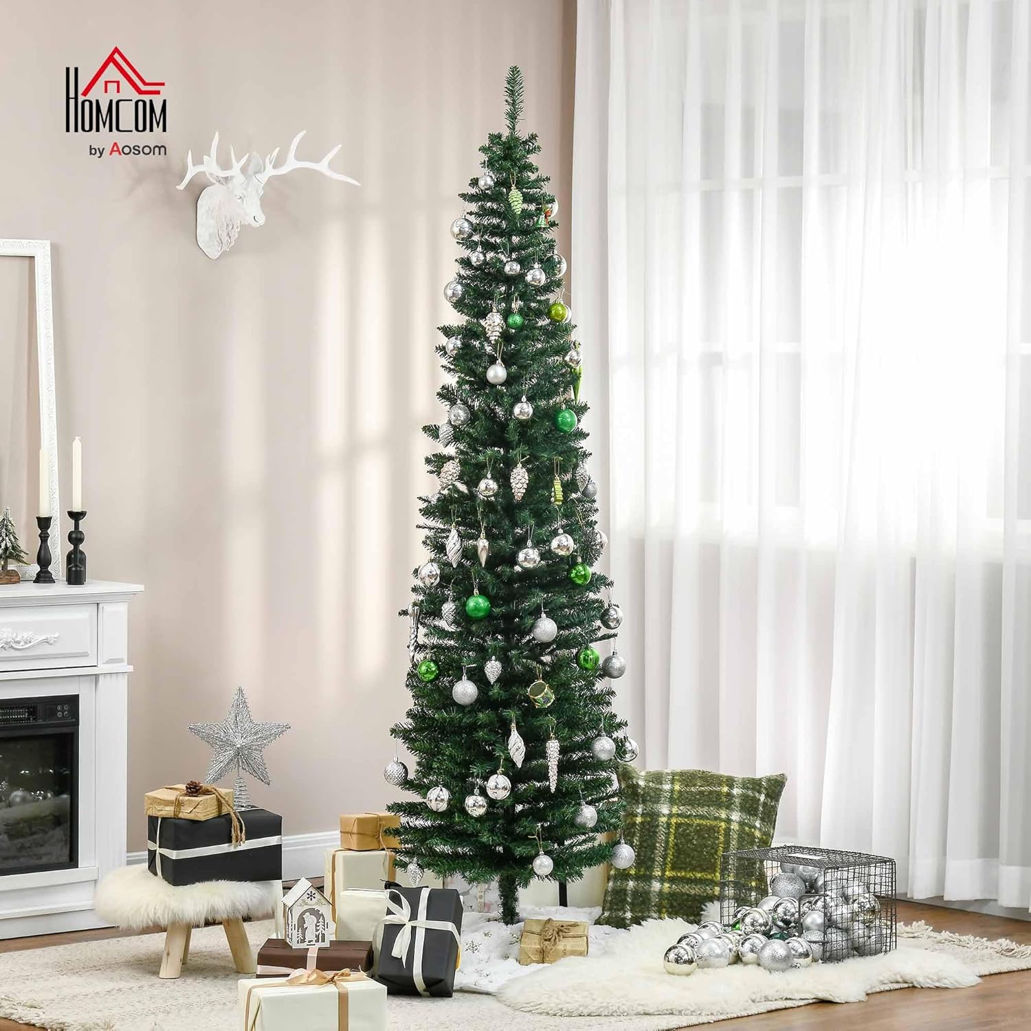 Homcom 6&#039; Artificial Pencil Christmas Tree, Slim Xmas Tree With 390 Realistic Branch Tips and Plastic Stand, Green