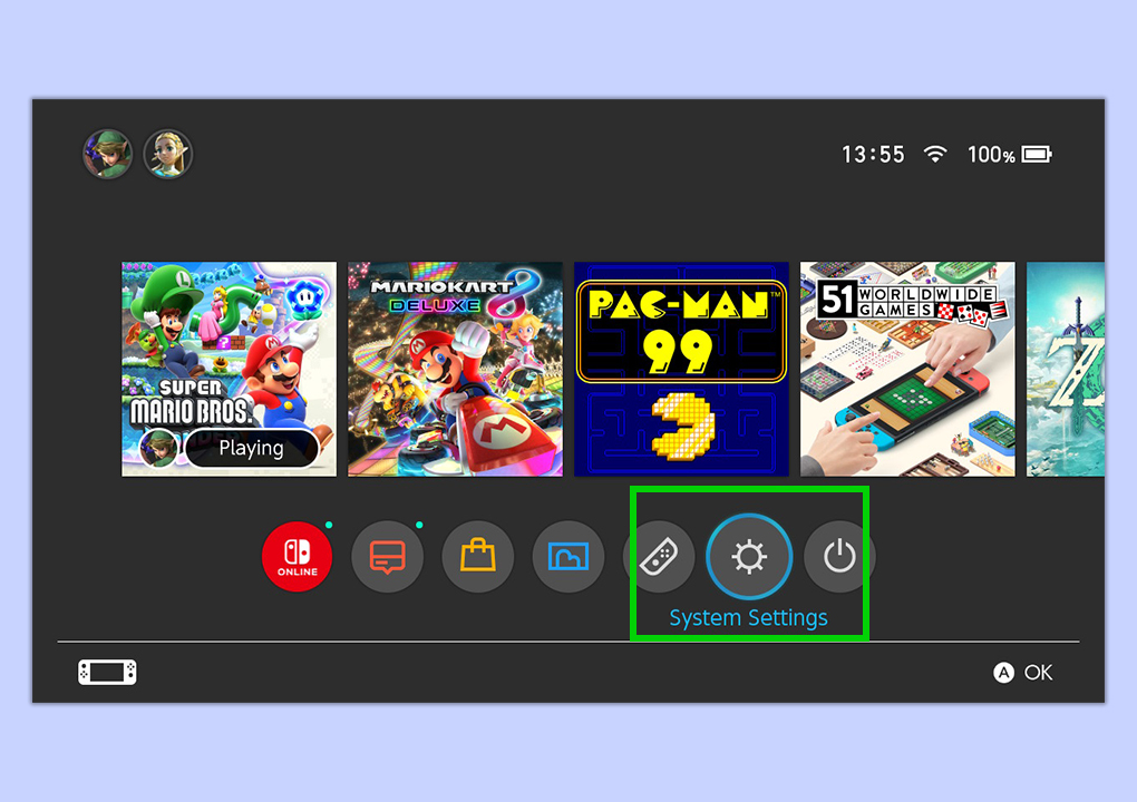 A screenshot of a Nintendo Switch homescreen with the Settings icon highlighted.