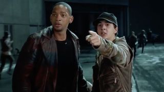 Det. Del Spooner (Will Smith) and Farber (Shia LaBeouf) survey the android attack in I, Robot.