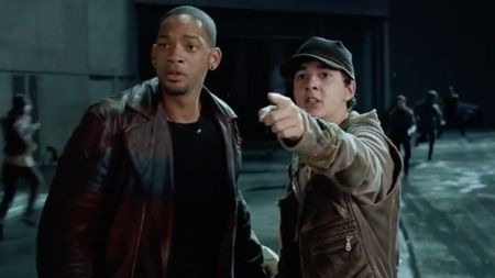 Det. Del Spooner (Will Smith) and Farber (Shia LaBeouf) survey the android attack in I, Robot.