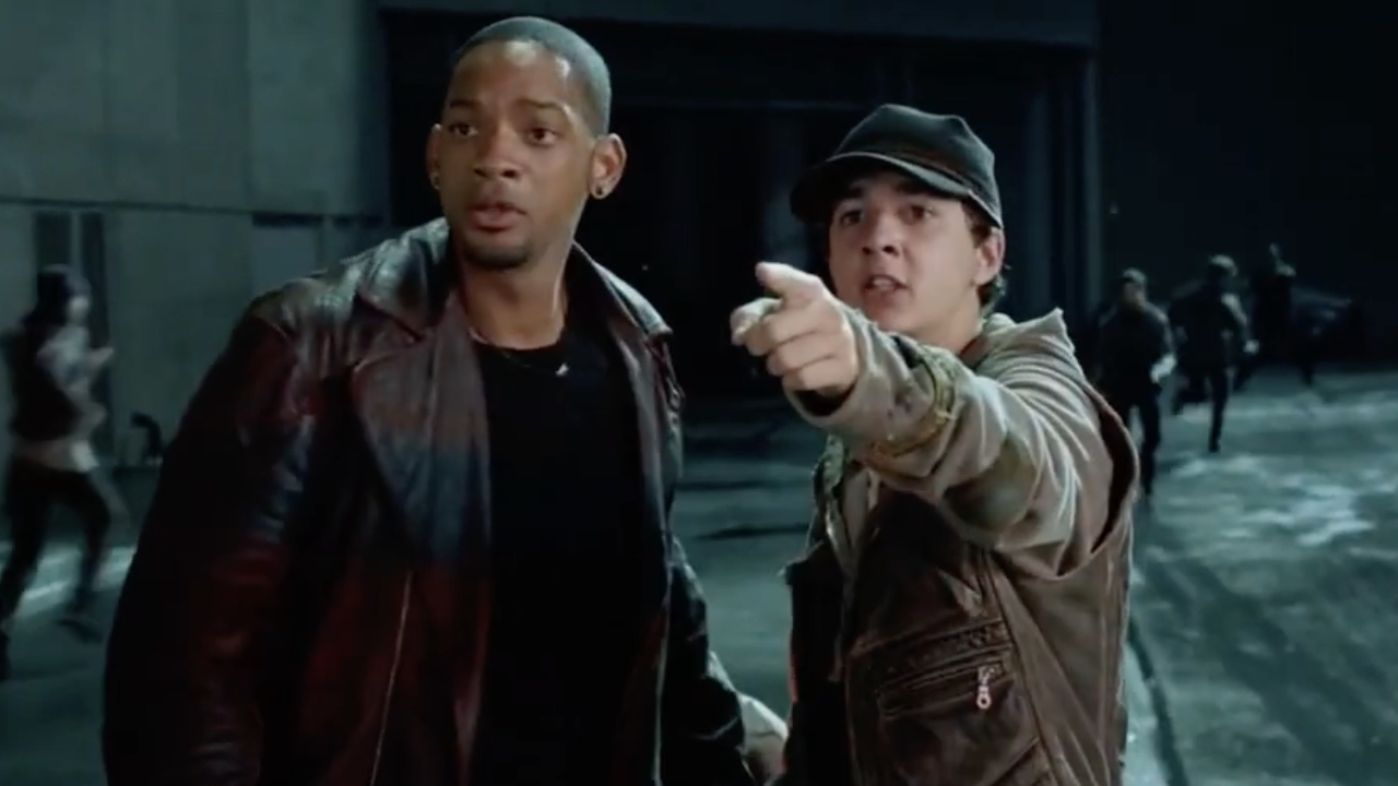 Det. Del Spooner (Will Smith) and Farber (Shia LaBeouf) survey the android attack in I, Robot.