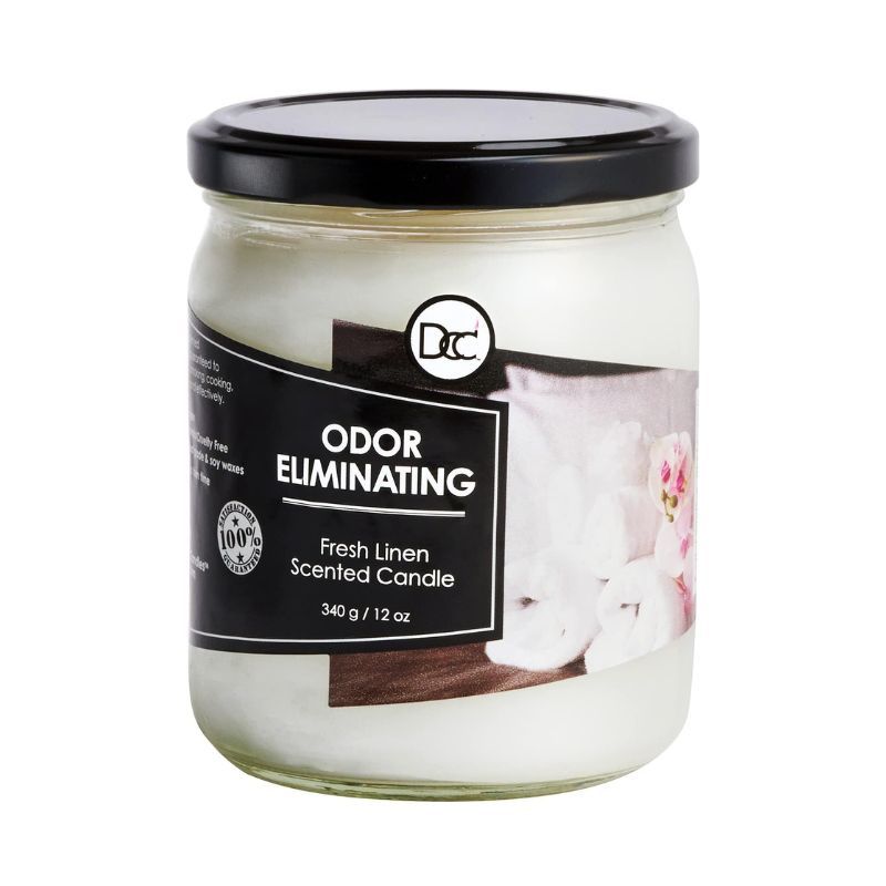 A 12oz fresh linen odor eliminating candle is one of the best candles on Amazon for eliminating unwanted smells.