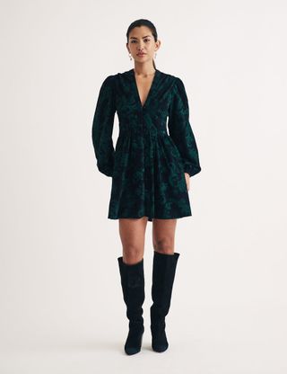 Green Cord Floral Embroidered Starlight Mini Dress