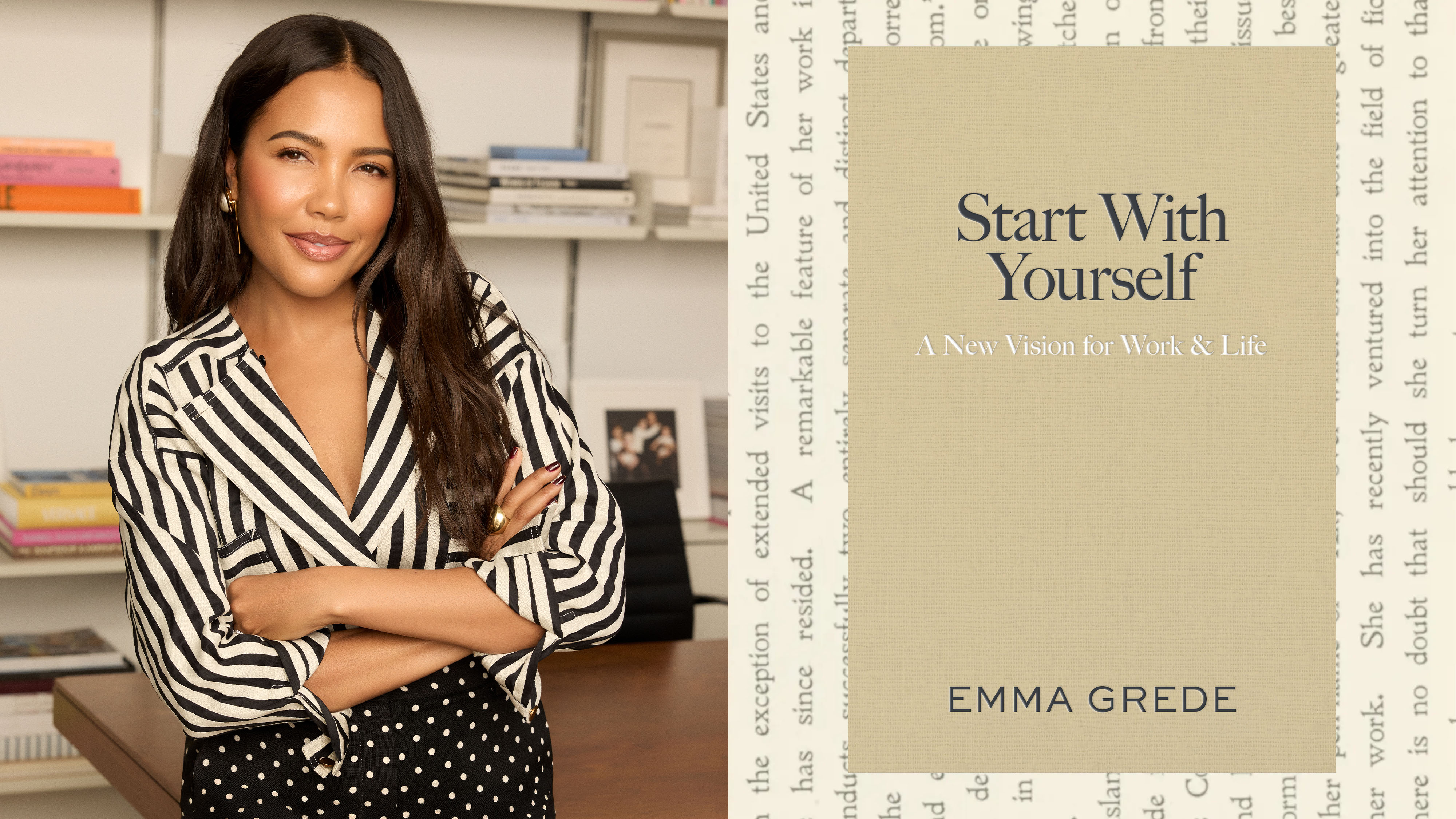 a split image of emma grede posing with her arms crossed and the cover of her book start with yourself 