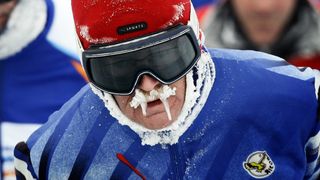 Icy snotsicles extend from a man&#039;s moustache.