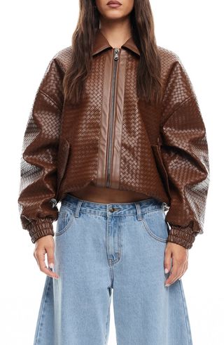 Kenny Woven Faux Leather Bomber Jacket