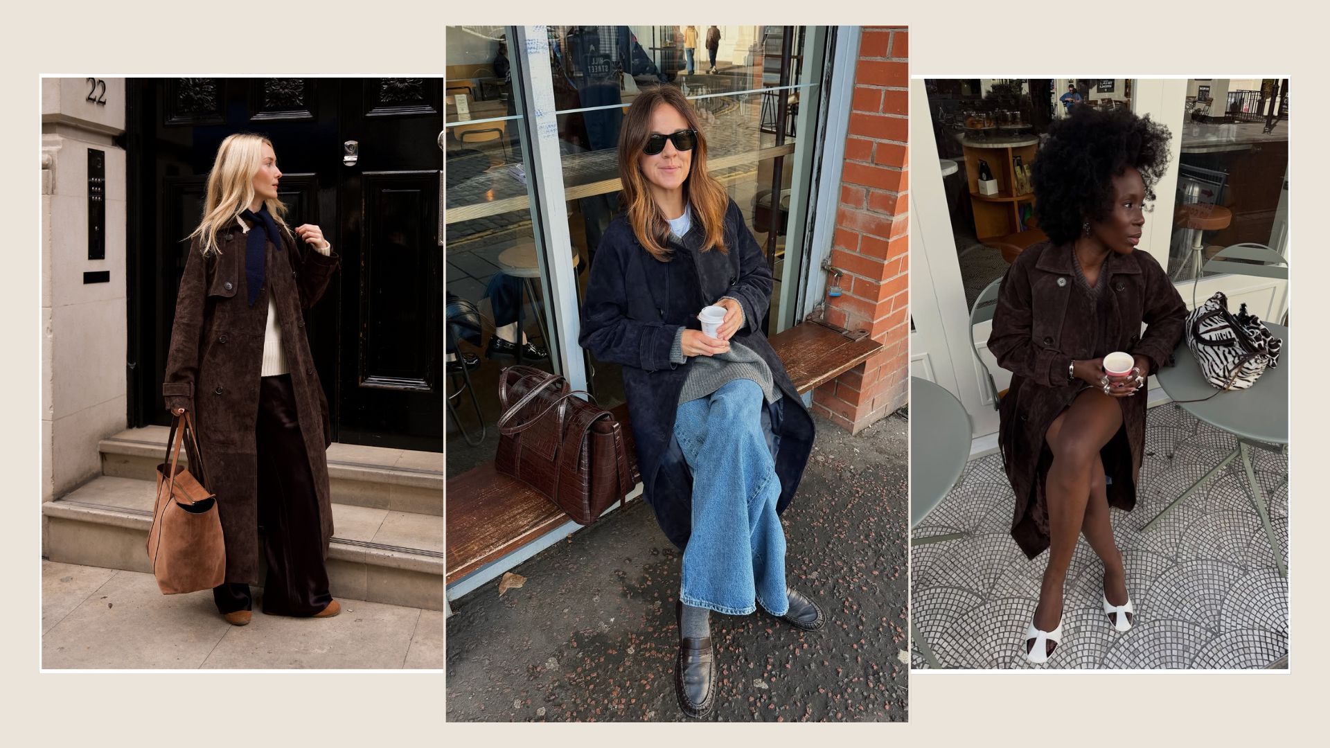 Woman wears brown sued trench coat and brown trousers; woman wears navy suede trench coat, blue jeans and loafers; woman wears brown suede trench coat