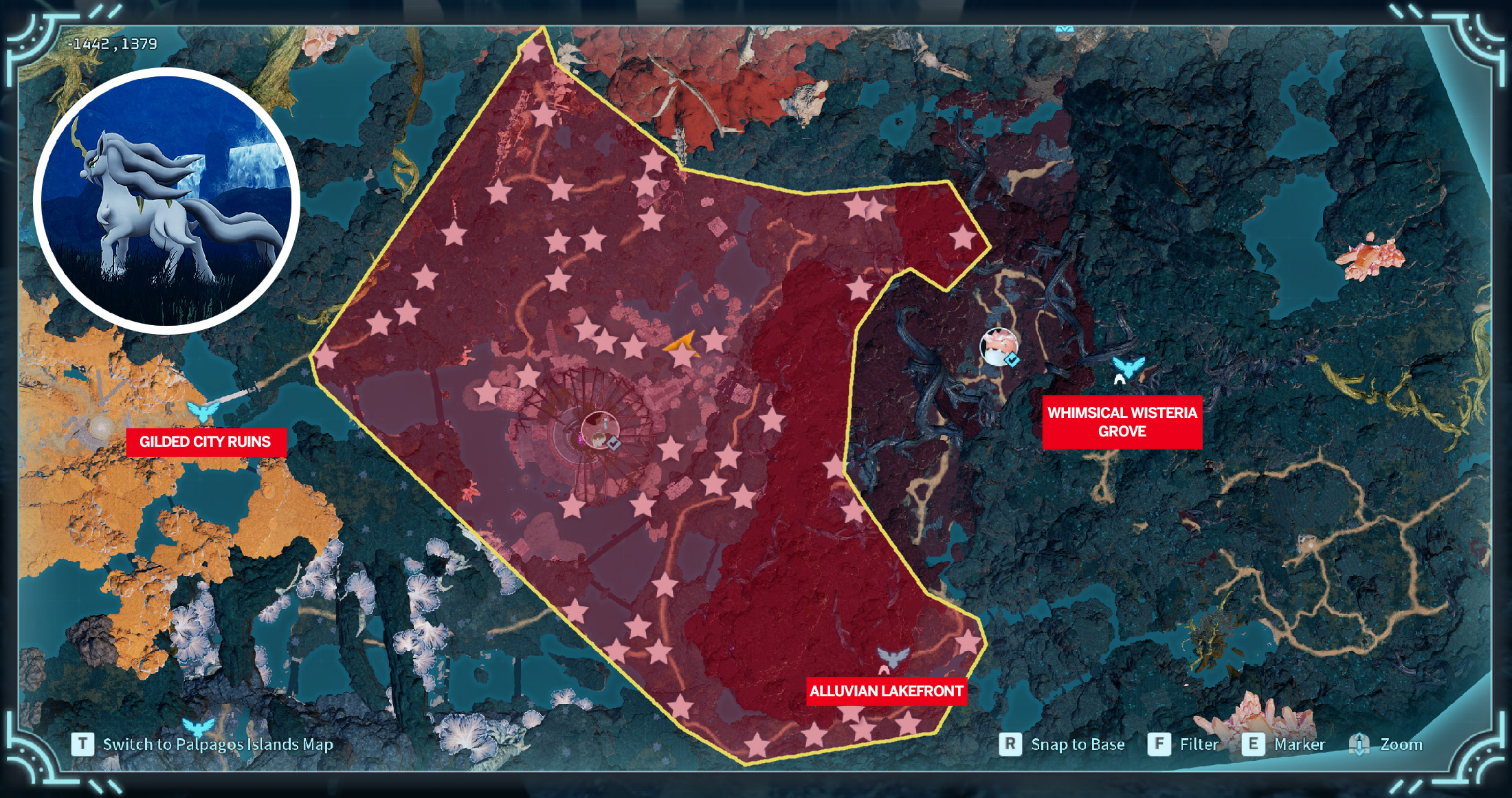 A screenshot of Palworld's World Tree map. The area where Starryon Primo spawns is highlighted red with yellow stars indicating specific places they're encountered.