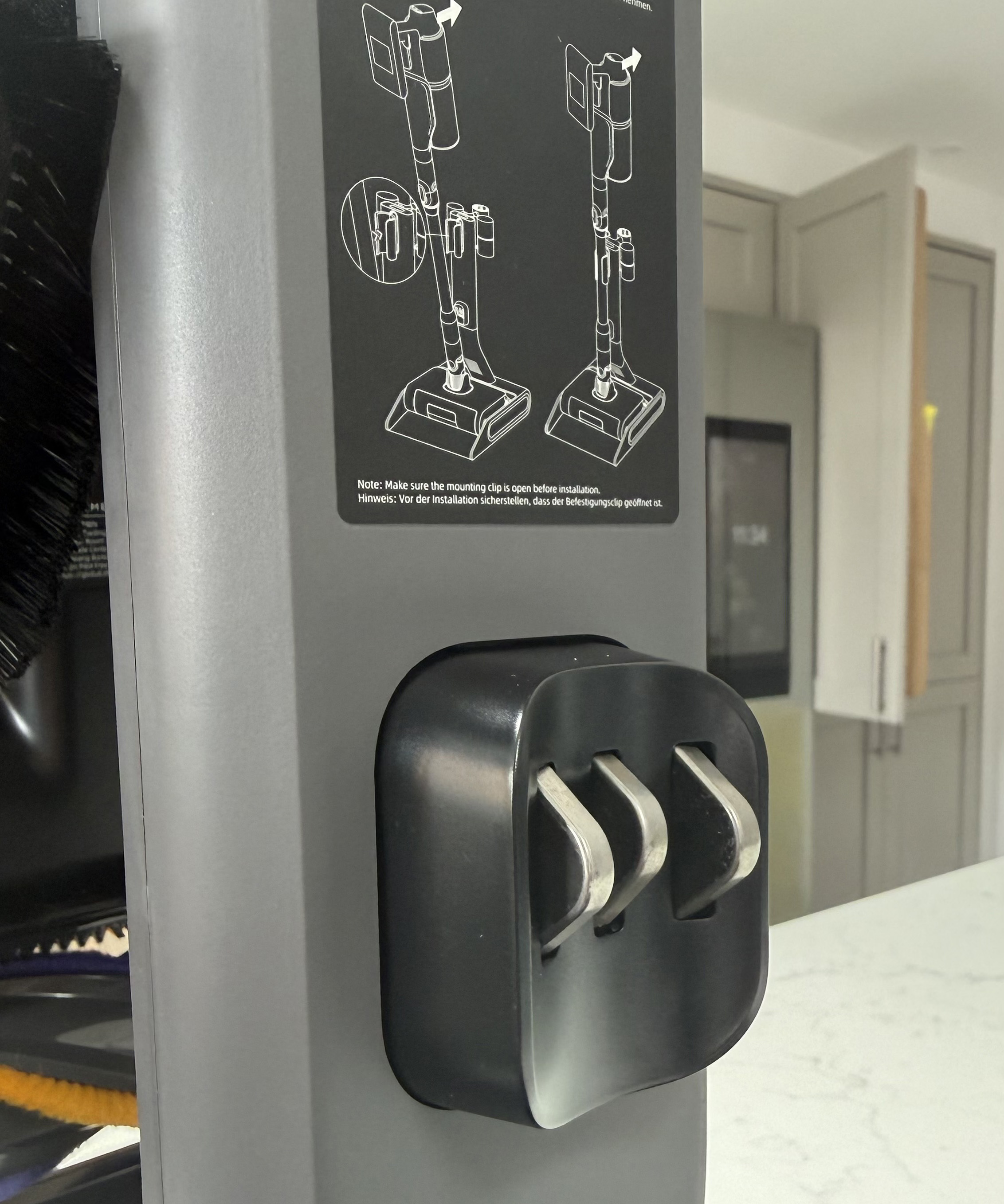 Close-up of the charging contacts built into the Dreame docking station