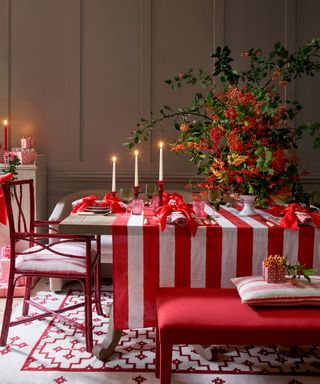 Maximalist red and white christmas dining room