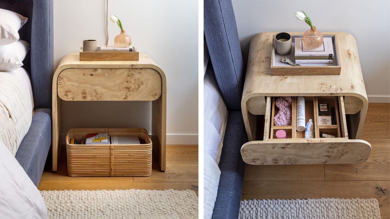 Composite image with rounded bedside drawer left and open bedside drawer showing dividers on right