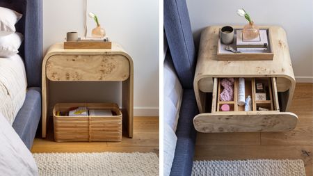 Composite image with rounded bedside drawer left and open bedside drawer showing dividers on right