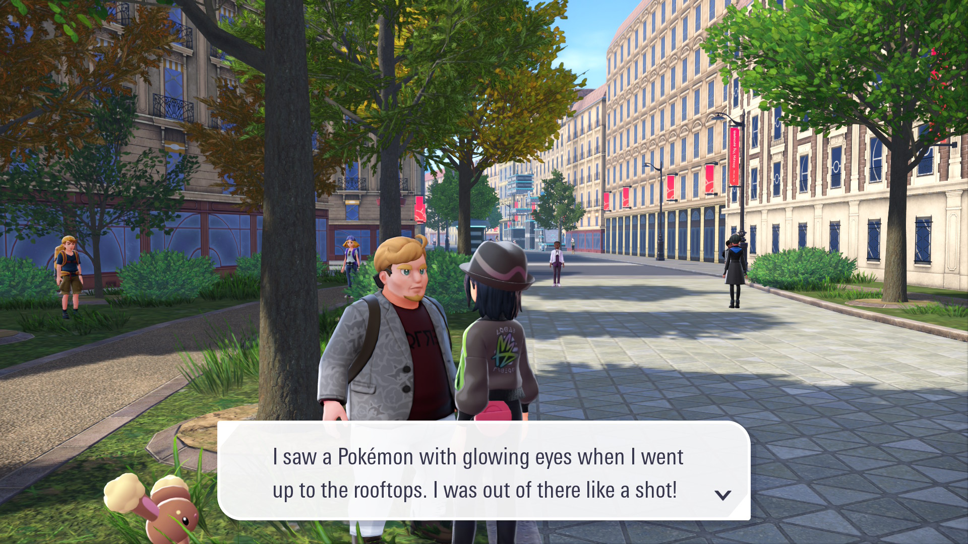 Pokemon Legends Z-A screenshot showing someone talking about seeing a Pokemon with glowing eyes on a rooftop