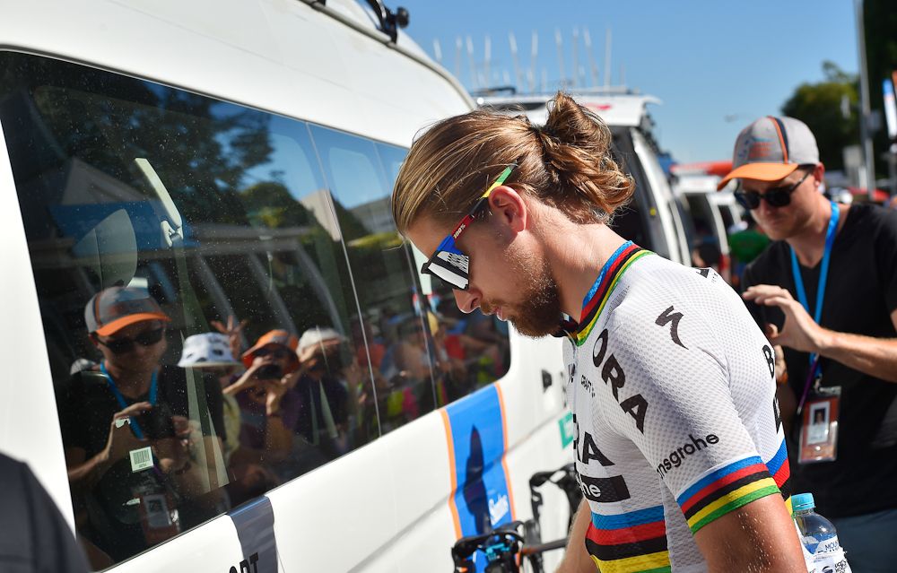 Peter Sagan prepares for the first stage of the Tour Down Under cycling race from Adelaide to Tanunda