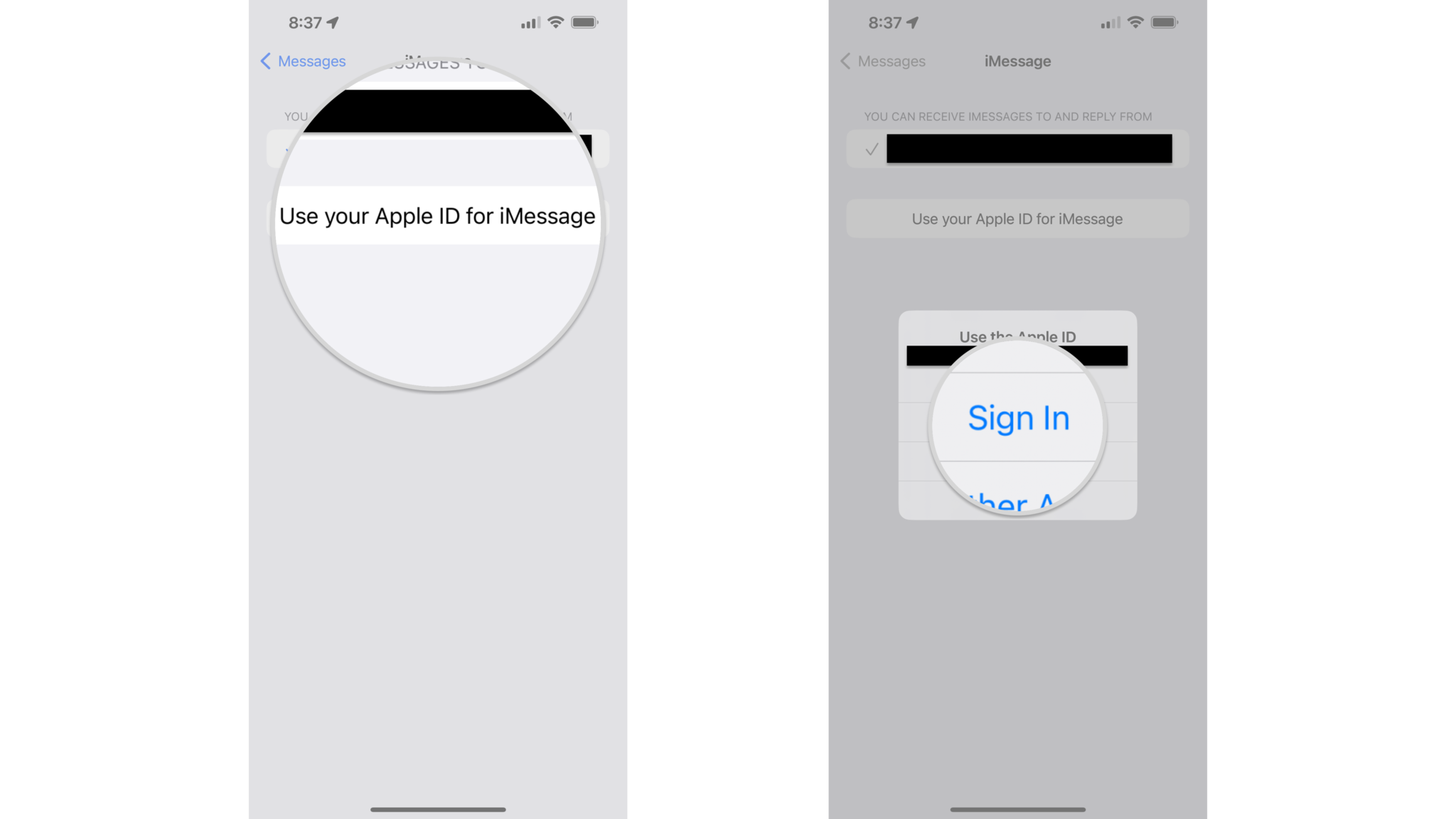 Как войти в свой Apple ID в «Сообщениях» на iPhone, показав шаги: нажмите «Использовать свой Apple ID для iMessage», нажмите «Войти».